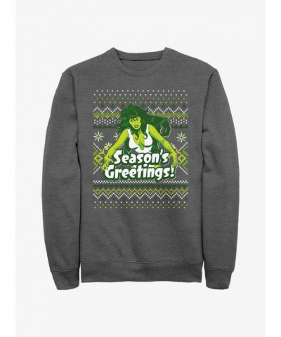 Marvel Hulk She-Hulk Season's Greetings Ugly Christmas Sweatshirt $14.17 Sweatshirts