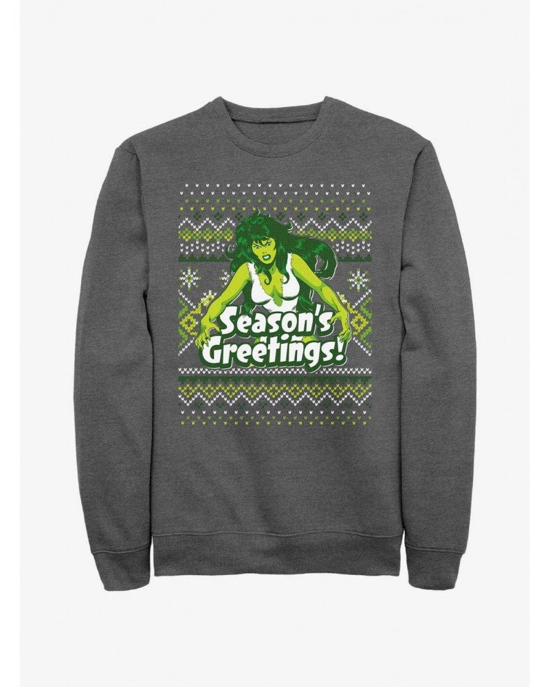 Marvel Hulk She-Hulk Season's Greetings Ugly Christmas Sweatshirt $14.17 Sweatshirts