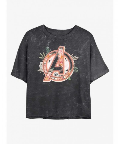 Marvel Avengers Floral Avenger Logo Mineral Wash Crop Girls T-Shirt $10.64 T-Shirts