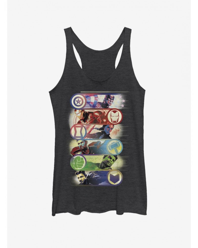 Marvel Avengers: Endgame Avengers Group Badge Girls Black Heathered Tank Top $9.12 Tops